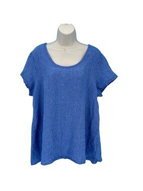 NWOT Flax Womens Blue Striped Linen Button-Back Top Size Small